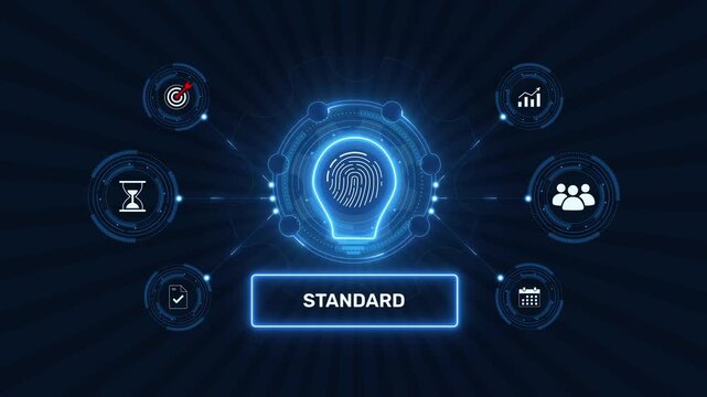 Business quality standard and operational compliance benchmark graphic loop with glowing biometric fingerprint icon on dark technology background