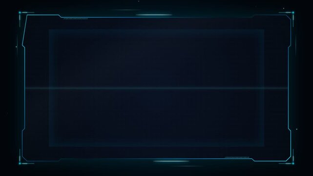 A glowing cyan digital frame interface glows with neon light segments to display futuristic software graphics while framing dark spaces for advanced computing technology systems in a server room