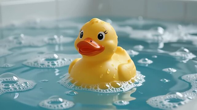 Cute yellow rubber duck toy floating in bubbly bath water, close-up playful childhood bath time fun.