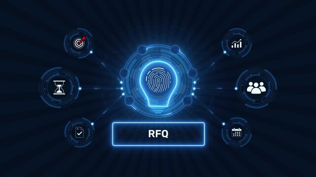 Request for quotation rfq procurement management graphic loop with glowing biometric fingerprint icon on dark technology background