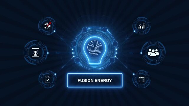 Fusion energy clean power innovation technology graphic loop with glowing biometric fingerprint icon on dark technology background asset