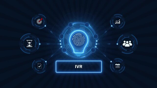 Interactive voice response ivr call center automation system graphic loop with glowing biometric fingerprint icon on dark technology background asset