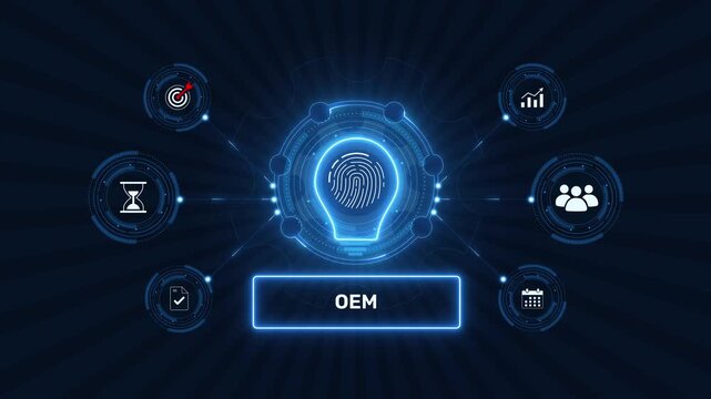 Original equipment manufacturer oem production and supply chain graphic loop with glowing biometric fingerprint icon on dark technology background