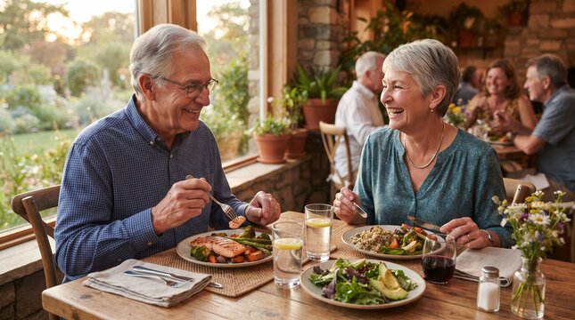 Happy senior couple enjoying a healthy meal together at a restaurant with a garden view