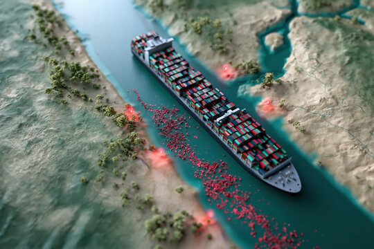 Container ship navigating narrow canal with red markers, aerial view of cargo vessel transporting colorful containers through waterway surrounded by land and vegetation