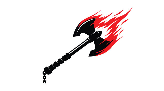 Fierce double bit axe engulfed in vibrant red flames creating a powerful dynamic gaming logo design