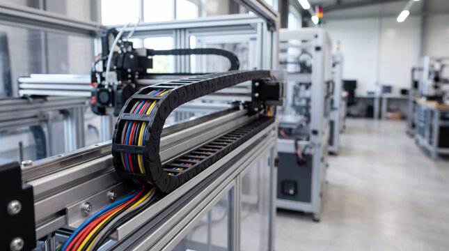 Automated industrial machinery with cable carrier in modern factory