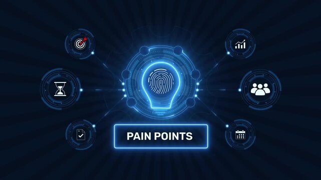 Customer pain points identification and problem solving concept graphic loop with glowing biometric fingerprint icon on dark technology background