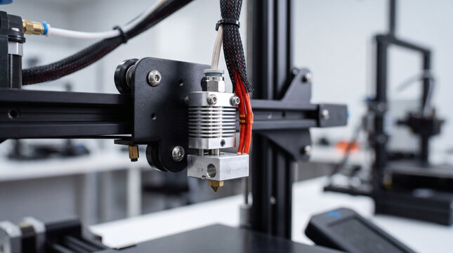 Close up of a three dimensional printer nozzle and extruder head
