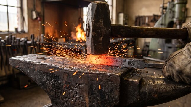 Blacksmith striking glowing hot metal on anvil with hammer causing sparks in workshop