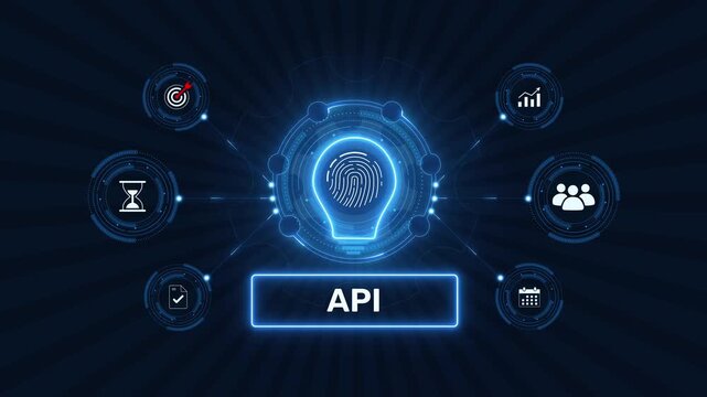 Application programming interface api integration technology graphic loop with glowing biometric fingerprint icon on dark technology background asset