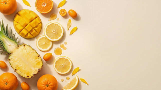 Tropical yellow summer food color palette with pineapple mango lemon and orange on beige background with copy space