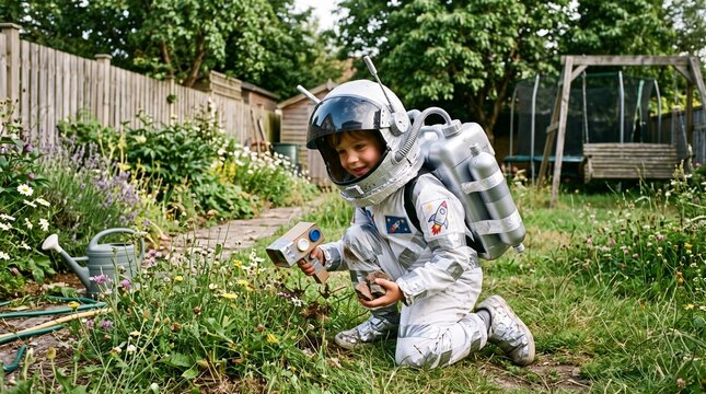 Young boy dressed as an astronaut exploring a garden with a homemade toy ray gun and rocks