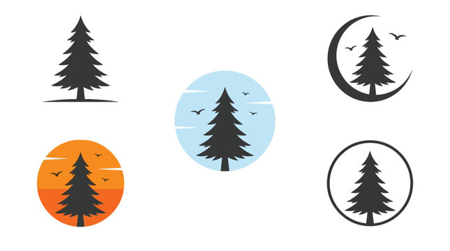 Minimalist pine tree logo collection featuring diverse circular frames with solid black silhouettes and icons