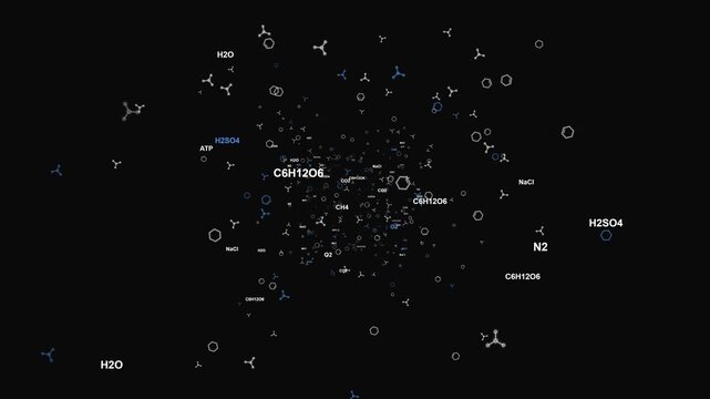 Chemical Formulas and Molecular Structures Floating on Black Background for Scientific Research and Education Motion Graphics Loop