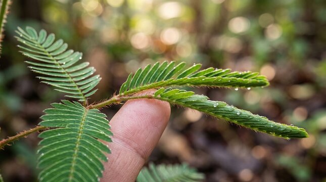 Human index finger touching sensitive mimosa pudica plant leaves in forest environment