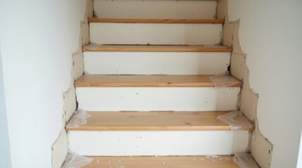 Obraz premium Primer plano de una escalera en proceso de renovación, con peldaños de madera sin acabar, protecciones y trabajos de reforma