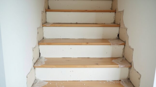 Primer plano de una escalera en proceso de renovaci&oacute;n, con pelda&ntilde;os de madera sin acabar, protecciones y trabajos de reforma