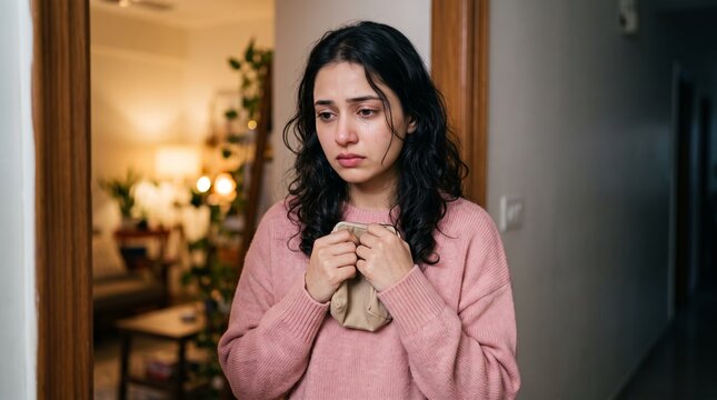 Sad young woman wearing a pink sweater standing indoors in a dimly lit room, looking down dejectedly while clutching her small purse.