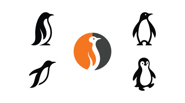 Minimalist penguin logo collection featuring sleek vector silhouettes, clean graphic shapes, and vibrant orange accents
