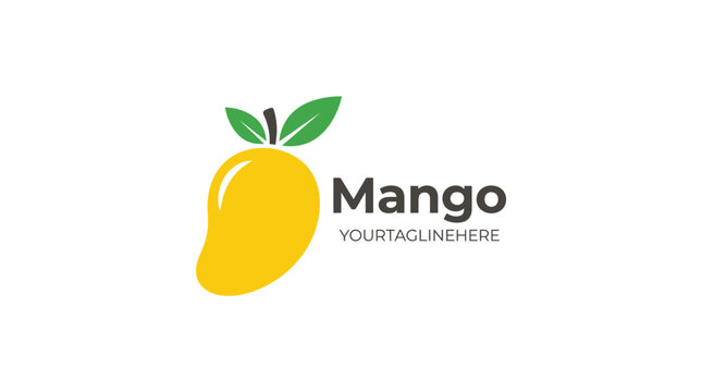 Minimalist yellow mango fruit logo design featuring simple green leaves and modern clean typography branding