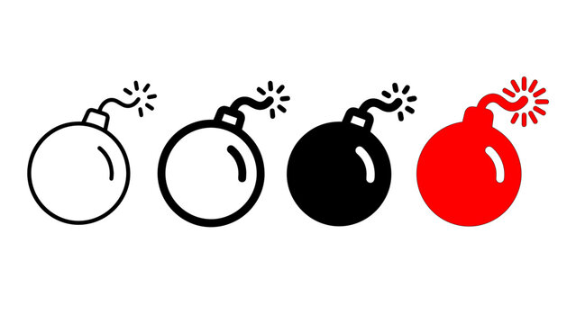Bomb Icon Set &ndash; Explosive, Danger and Warning Symbol Line and Solid Vector Icons Collection, Security Alert Signs Isolated on White Background