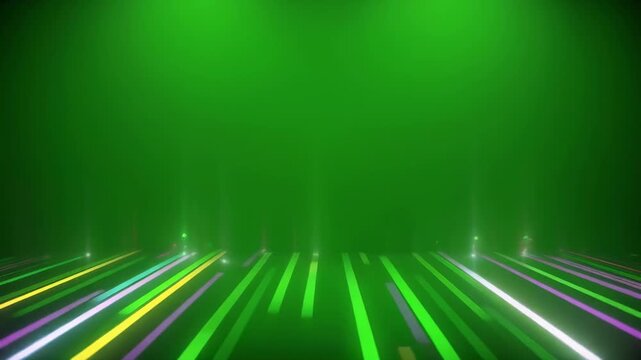 Abstract neon lines moving forward on green screen with stage lights for event promotion