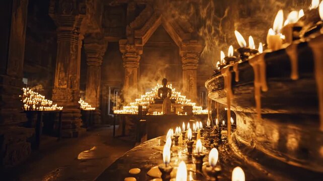 A circular candle stand illuminates an ancient stone temple interior with fog. The clip uses volumetric lighting and high-resolution textures to define the environment.