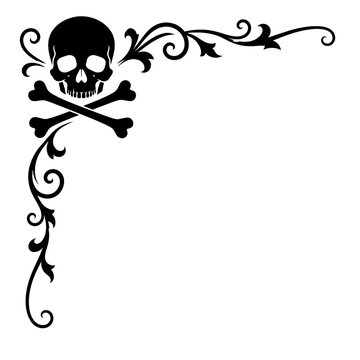 Halloween Skull and Crossbones Corner Border with Floral Ornament Black Silhouette Clipart on White Background