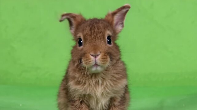 Adorable bunny rabbit looking forward in green studio with cinematic motion