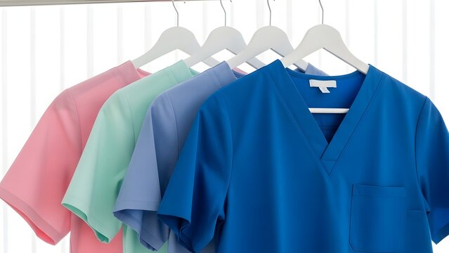 Colorful scrub tops hanging on a rack in a bright room.