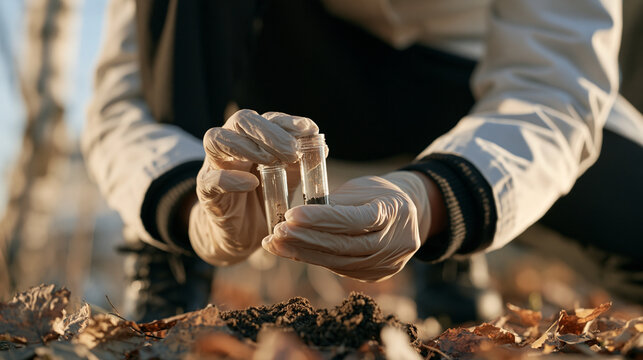 A forensic scientist in latex gloves examines soil samples outdoors in a woodland clearing, crouching low as autumn leaves carpet the ground, her close-up hands holding specimen