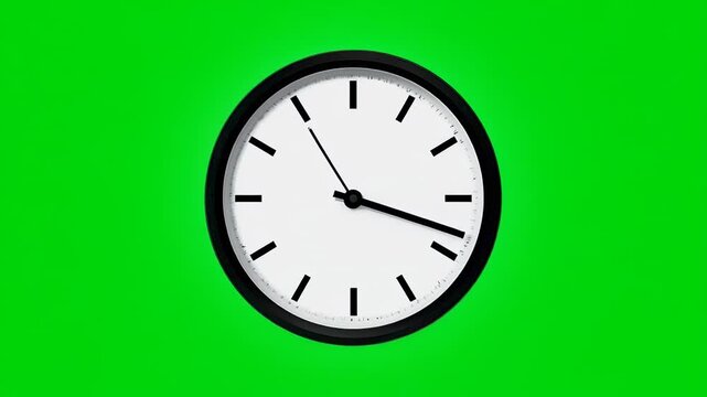 Analog clocks showing time progression on a green screen background with black bars
