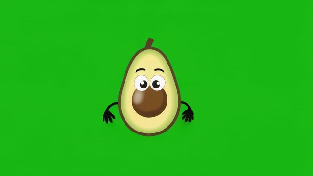 Animated Avocado Character Waving Happily in a Fun Cartoon Style on Green Screen