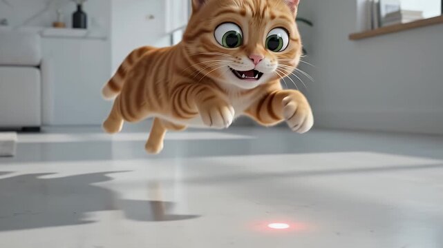 Cute Ginger Kitten Playing with Red Laser Pointer Dot on a Light Colored Floor Indoors