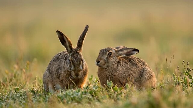 two hare close up at morning light in english meadow uk video