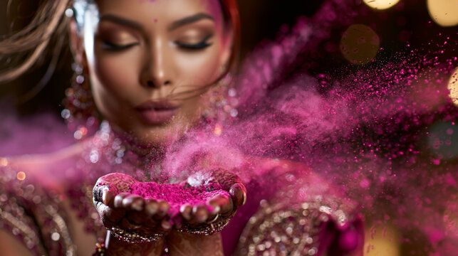 Indian woman blowing pink powder from palm of hand toward camera, freeze frame, dark background, studio flash