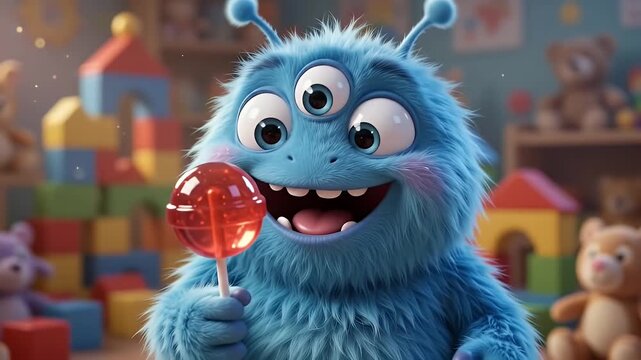 Cute Blue Three-Eyed Monster Character Holding a Lollipop in a Toy-Filled Nursery Room