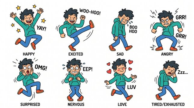 a set of eight cartoon illustrations of a boy expressing various emotions with text labels