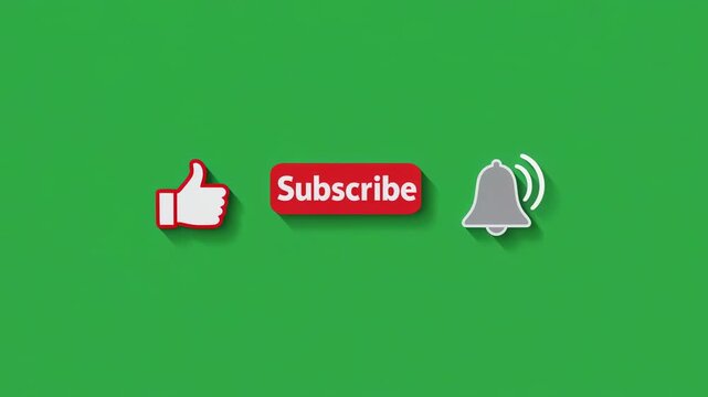 Animated social media subscribe button and notification bell icons with glowing effect on green screen background