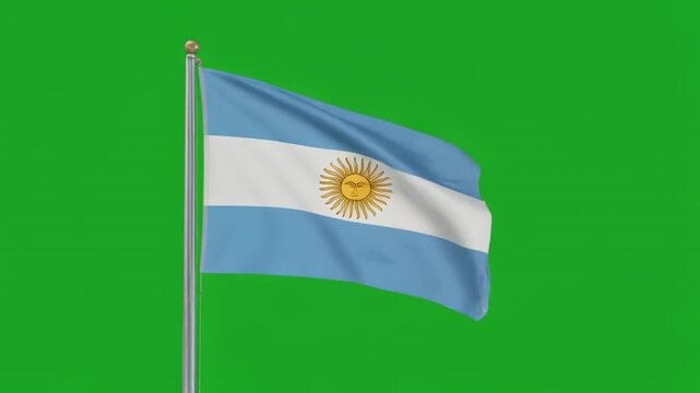 Argentinian flag waving gently against a bright green chroma key background during daylight