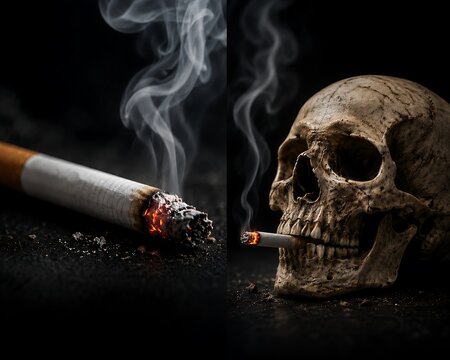 Conceptual split image of a burning cigarette on a dark background next to a human skull smoking, illustrating the deadly dangers and health risks of tobacco addiction.