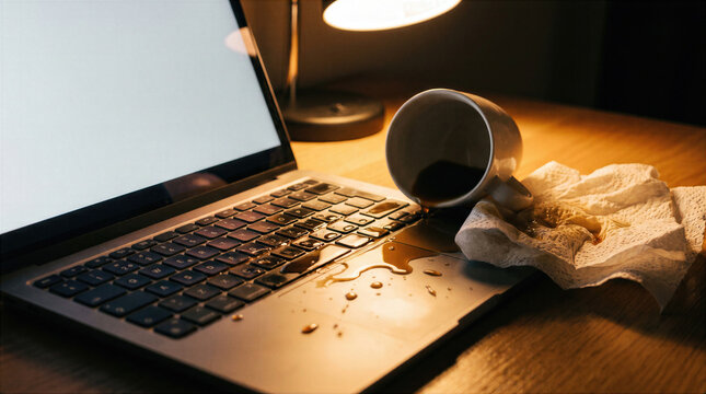 Spilled coffee on a laptop keyboard at a workspace desk. Overturned mug with liquid dripping onto the computer near a tissue and lamp. Accident that damages electronic technology during work at home.
