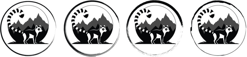 Four circular emblems featuring a black lemur silhouette standing before mountain peaks, isolated on a white background © SilhouetteStore