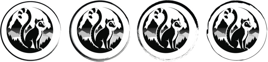 Set of four circular featuring a black lemur silhouette sitting in a forest, isolated on a white background © SilhouetteStore