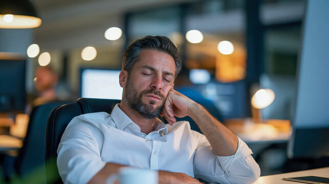 Exhausted businessman sleeping at desk in modern office late at night, overworked employee resting head on hand with eyes closed