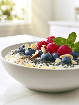 Healthy breakfast yogurt bowl with fresh berries, chia seeds, sliced almonds and honey drizzle in white ceramic bowl