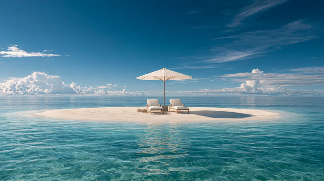 Pristine white sandbar island with two lounge chairs and umbrella in crystal clear turquoise tropical ocean waters under blue sky