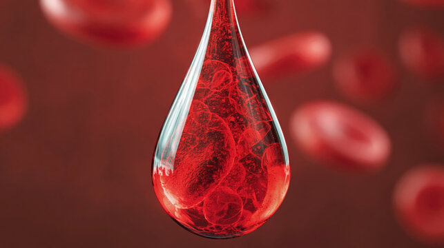Red blood cells inside transparent droplet with erythrocytes floating in background medical concept