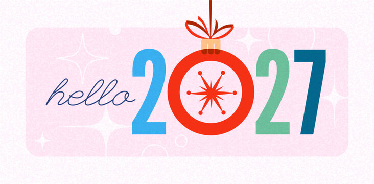 2027 hello new year retro 60s vintage typography lettering with сhristmas tree ball